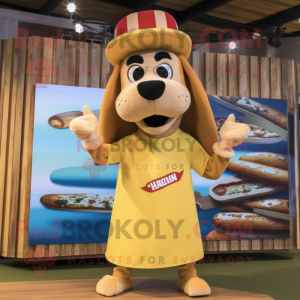Gold Hot Dogs mascot costume character dressed with a Board Shorts and Berets