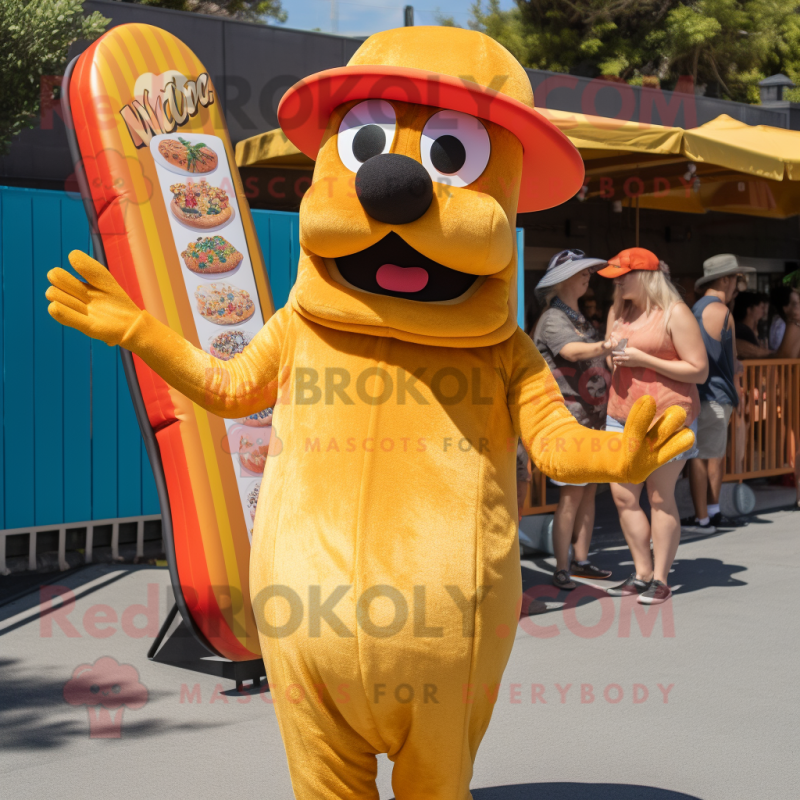 Gold Hot Dogs mascot costume character dressed with a Board Shorts and Berets Gold Hot Dogs mascot costume character dressed with a Board Shorts and Berets