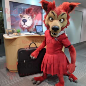 Red Hyena mascot costume character dressed with a Pencil Skirt and Briefcases