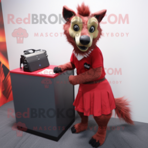 Red Hyena mascot costume character dressed with a Pencil Skirt and Briefcases