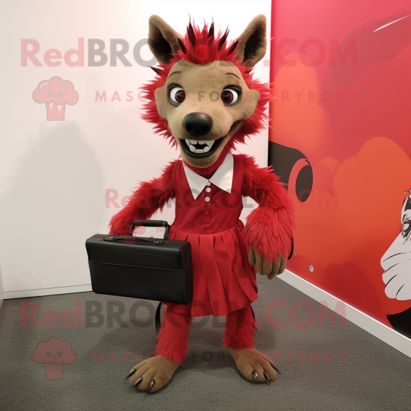 Red Hyena mascot costume character dressed with a Pencil Skirt and Briefcases