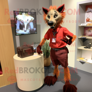 Red Hyena mascot costume character dressed with a Pencil Skirt and Briefcases
