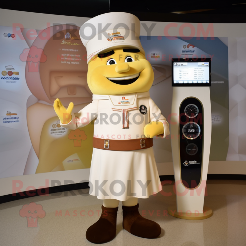 Cream Chief mascot costume character dressed with a Sheath Dress and Smartwatches Cream Chief mascot costume character dressed with a Sheath Dress and Smartwatches