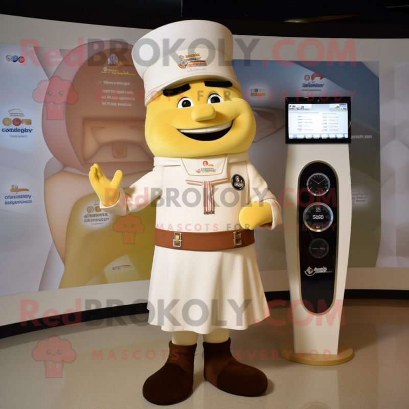 Cream Chief mascot costume character dressed with a Sheath Dress and Smartwatches