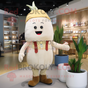 Beige Turnip mascot costume character dressed with a Boyfriend Jeans and Shawl pins