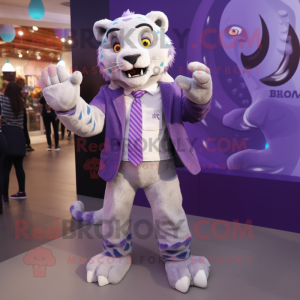 Lavender Smilodon mascot costume character dressed with a Blazer and Mittens