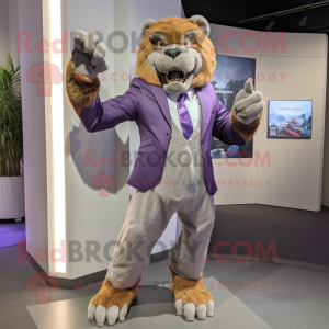 Lavender Smilodon mascot costume character dressed with a Blazer and Mittens