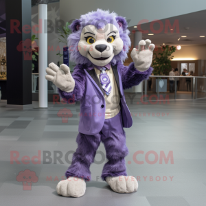 Lavender Smilodon mascot costume character dressed with a Blazer and Mittens