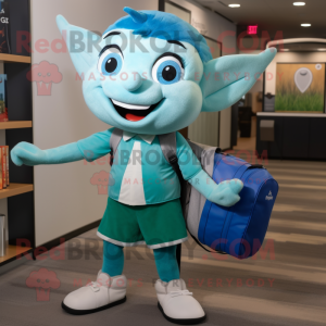 Teal Tooth Fairy mascot costume character dressed with a Dress Shirt and Backpacks