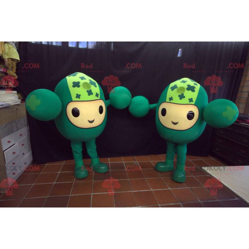 2 mascottes de bonshommes tout verts rigolos - Redbrokoly.com