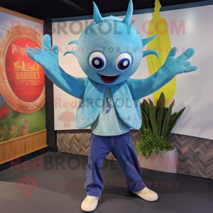 Sky Blue Kraken mascot costume character dressed with a Flare Jeans and Headbands