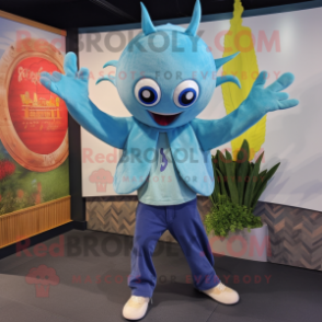 Sky Blue Kraken mascot costume character dressed with a Flare Jeans and Headbands