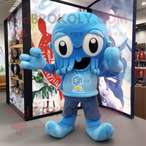 Sky Blue Kraken mascot costume character dressed with a Flare Jeans and Headbands