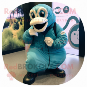 Teal Titanoboa mascot costume character dressed with a Parka and Shoe clips