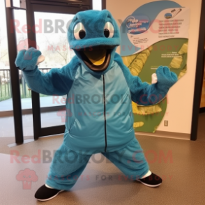 Teal Titanoboa mascot costume character dressed with a Parka and Shoe clips