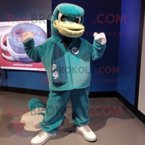 Teal Titanoboa mascot costume character dressed with a Parka and Shoe clips