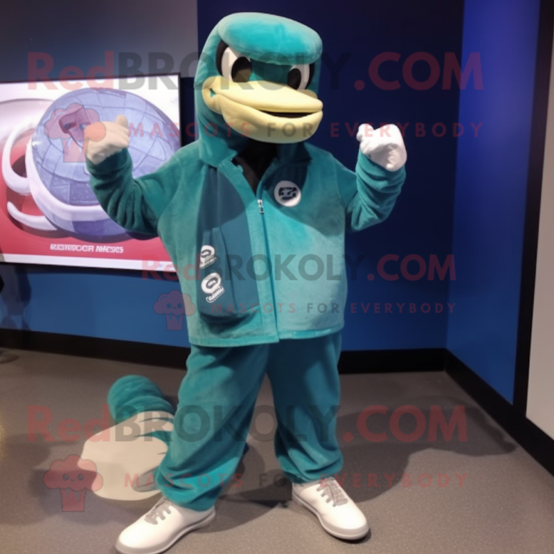 Teal Titanoboa mascot costume character dressed with a Parka and Shoe clips Teal Titanoboa mascot costume character dressed with a Parka and Shoe clips
