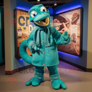 Teal Titanoboa mascot costume character dressed with a Parka and Shoe clips