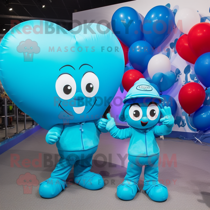 Turquoise Heart Shaped Balloons mascot costume character dressed with a Joggers and Berets Turquoise Heart Shaped Balloons mascot costume character dressed with a Joggers and Berets