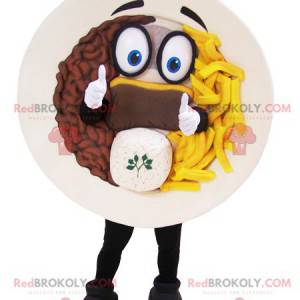 Mascote do prato guarnecido com bife e batatas fritas -