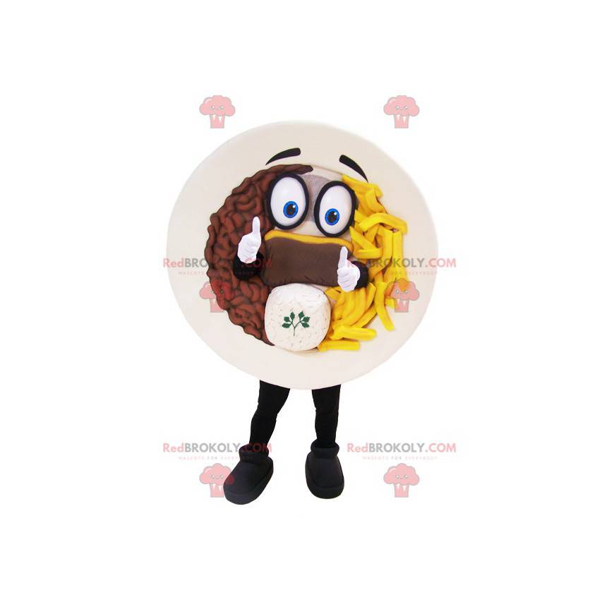 Plate mascot garnished with steak and fries - Redbrokoly.com
