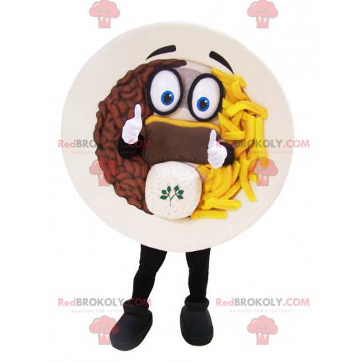 Mascota de la placa con guarnición de bistec y papas fritas -