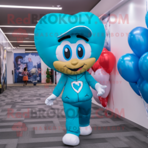 Turquoise Heart Shaped Balloons mascot costume character dressed with a Joggers and Berets