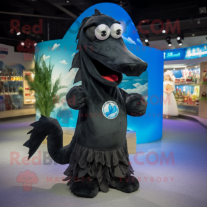 Black Sea Horse mascot costume character dressed with a Cover-up and Caps