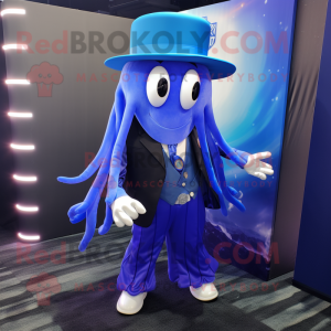 Blue Jellyfish mascot costume character dressed with a Blazer and Suspenders