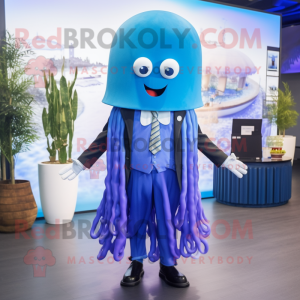 Blue Jellyfish mascot costume character dressed with a Blazer and Suspenders
