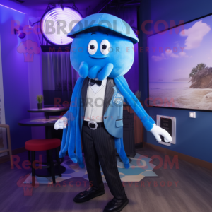 Blue Jellyfish mascot costume character dressed with a Blazer and Suspenders