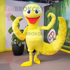 Lemon Yellow Hydra mascot costume character dressed with a Leggings and Headbands