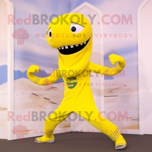 Lemon Yellow Hydra mascot costume character dressed with a Leggings and Headbands