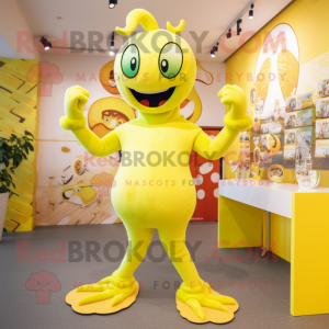 Lemon Yellow Hydra mascot costume character dressed with a Leggings and Headbands