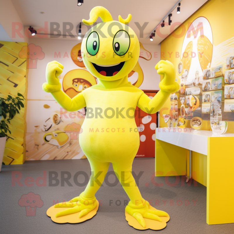 Lemon Yellow Hydra mascot costume character dressed with a Leggings and Headbands Lemon Yellow Hydra mascot costume character dressed with a Leggings and Headbands