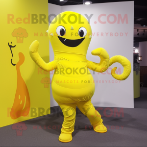 Lemon Yellow Hydra mascot costume character dressed with a Leggings and Headbands