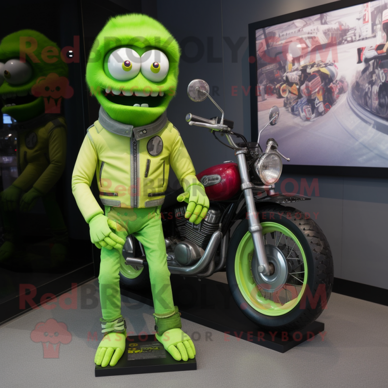 Lime Green Cyclops mascot costume character dressed with a Moto Jacket and Hair clips