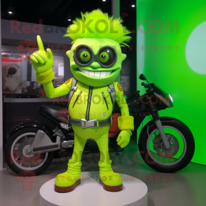 Lime Green Cyclops mascot costume character dressed with a Moto Jacket and Hair clips