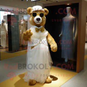 Gold Bear mascot costume character dressed with a Wedding Dress and Eyeglasses
