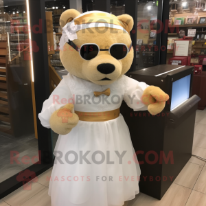 Gold Bear mascot costume character dressed with a Wedding Dress and Eyeglasses