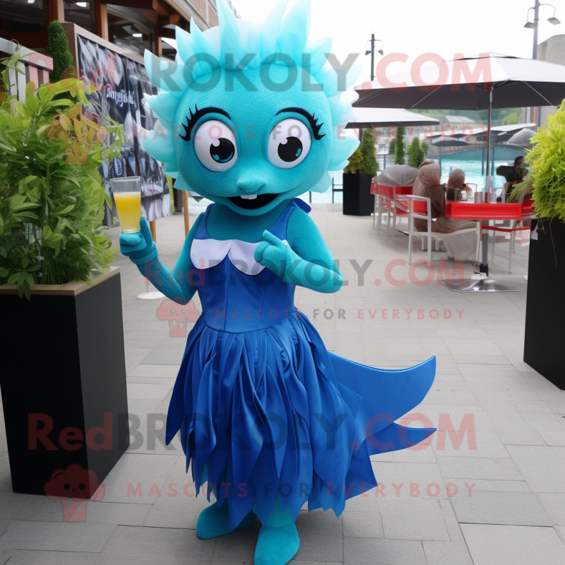 Cyan Tuna mascot costume character dressed with a Cocktail Dress and Hair clips Cyan Tuna mascot costume character dressed with a Cocktail Dress and Hair clips