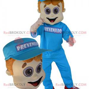 Jonge man mascotte gekleed in blauw met een pet - Redbrokoly.com