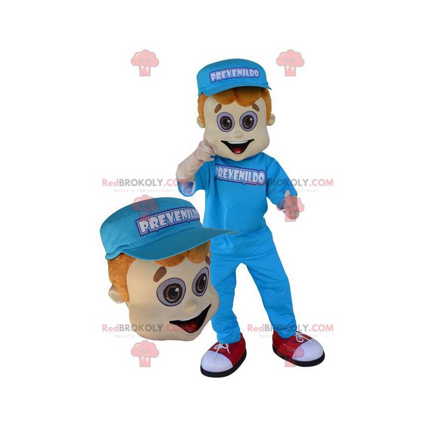 Maskottchen junger Mann in blau mit einer Kappe gekleidet -