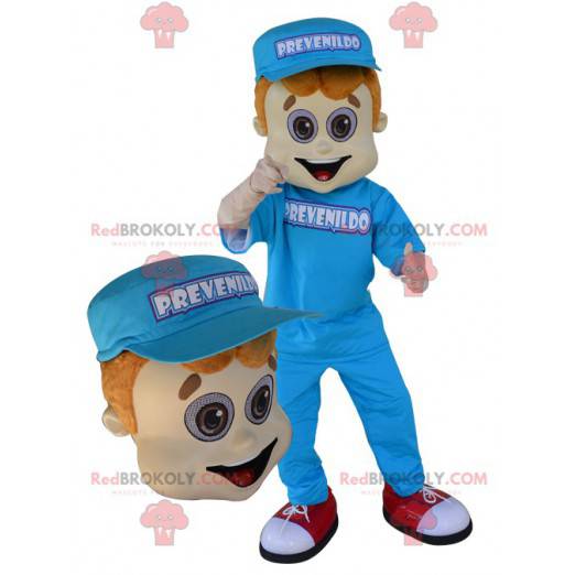 Jonge man mascotte gekleed in blauw met een pet - Redbrokoly.com