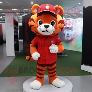 Red Tiger mascot costume character dressed with a Mini Dress and Caps