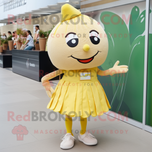 Beige Lemon mascot costume character dressed with a Skirt and Shoe laces
