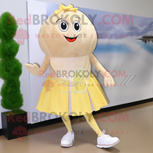 Beige Lemon mascot costume character dressed with a Skirt and Shoe laces