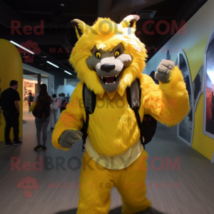 Yellow Werewolf mascot costume character dressed with a Suit and Backpacks