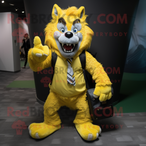 Yellow Werewolf mascot costume character dressed with a Suit and Backpacks