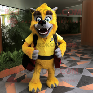 Yellow Werewolf mascot costume character dressed with a Suit and Backpacks